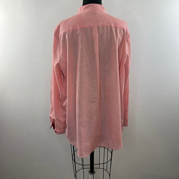 EASSON Red White Striped Long Sleeve Mandarin Collar Pocket Popover Top Blouse - Picture 6 of 8